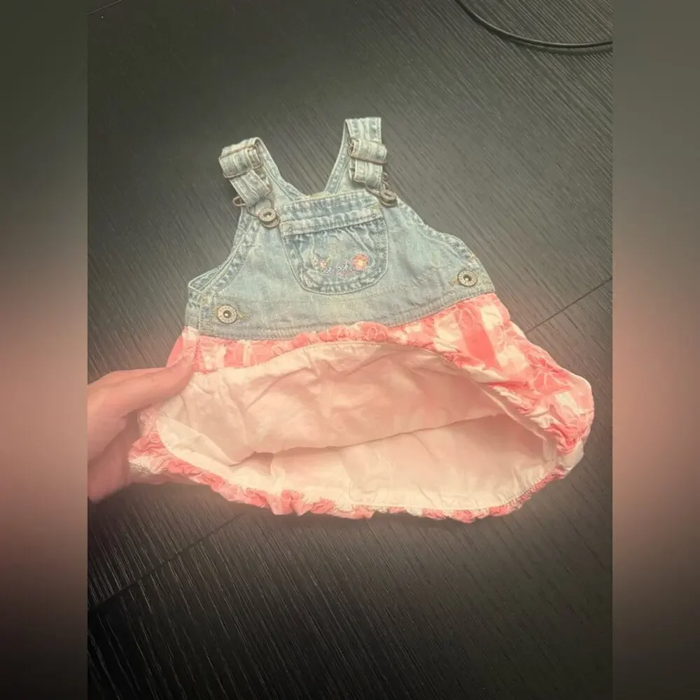 Vintage OshKosh B'gosh VestBak Denim Gingham Pink Bubble Dress Girls 6 Months
